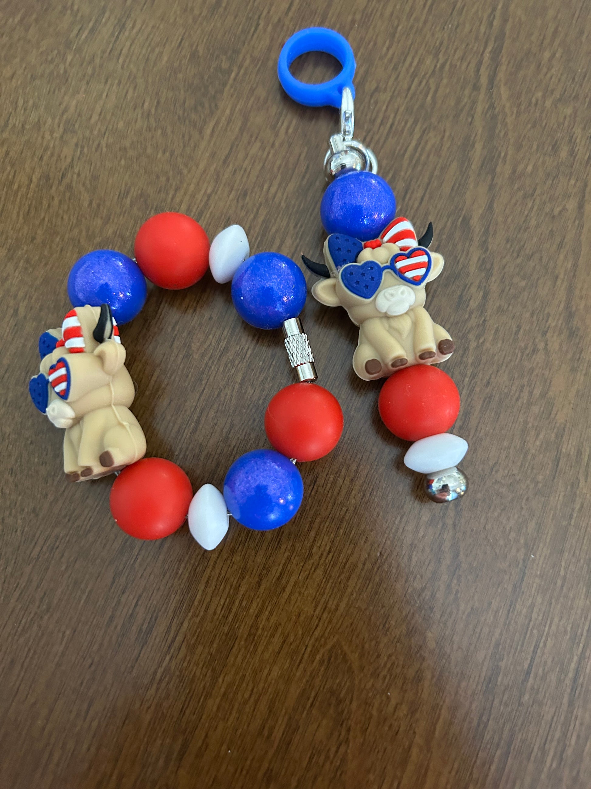 Patriotic Cow Straw and Handle Charm set