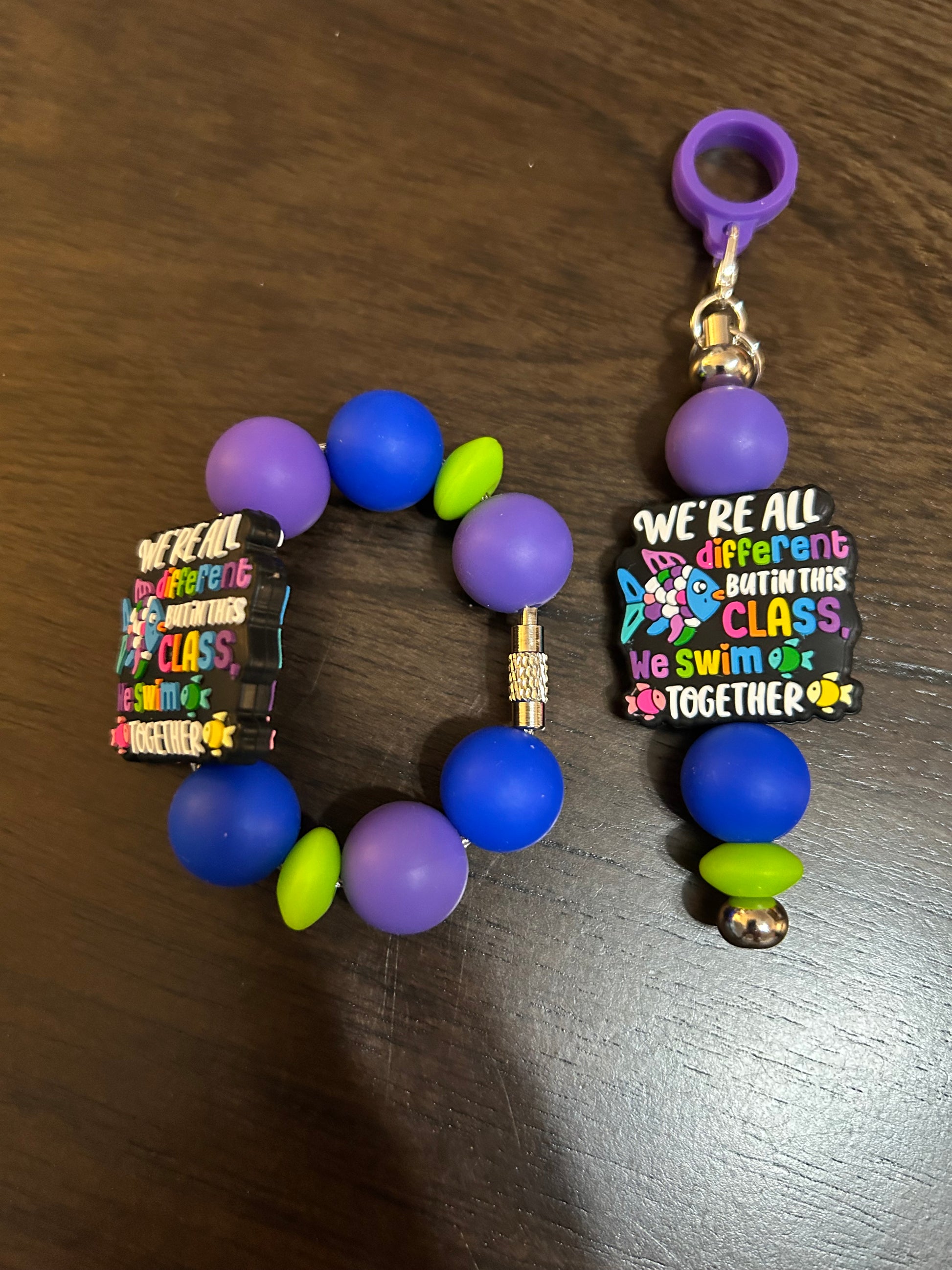 We are all different but in this class we swim together Straw and Handle Charm set