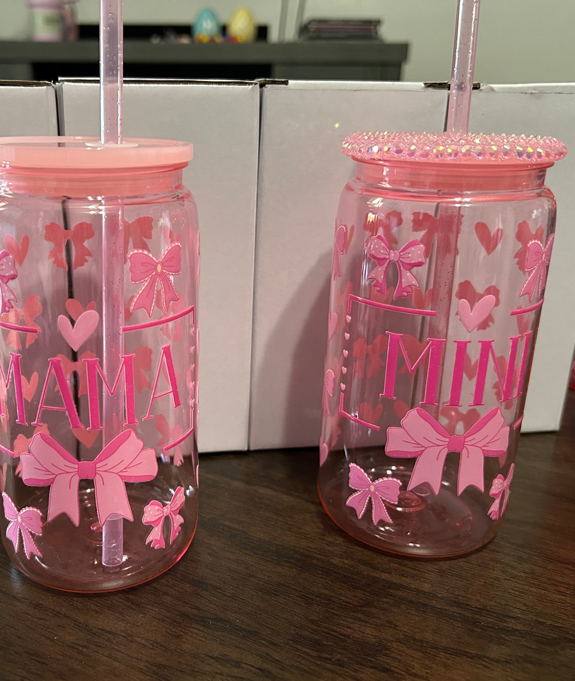 Mama and Mini Me Plastic 16 Oz Tumbler Set With Rhinestone Lids