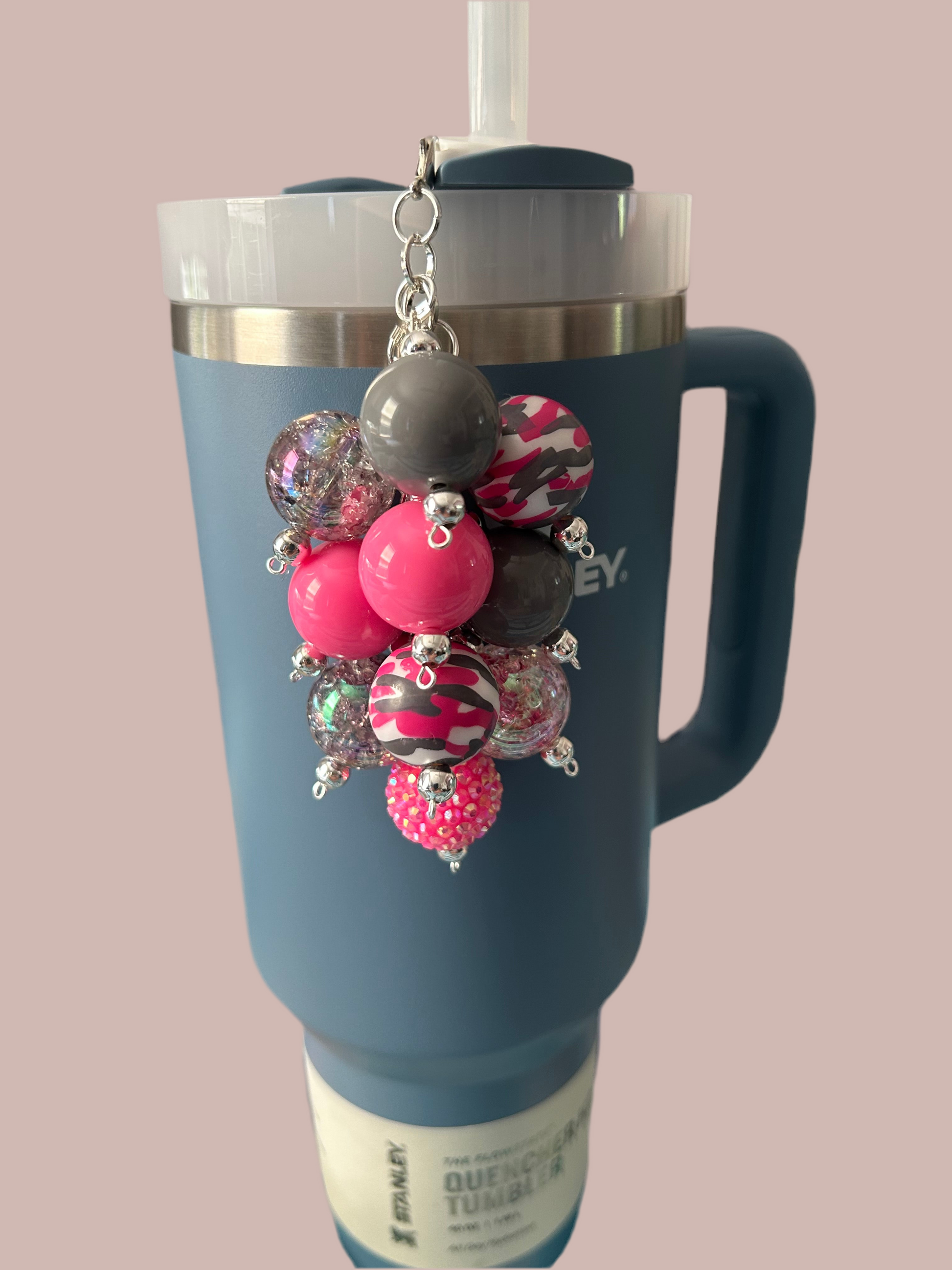 Gray and Pink Large Bauble Straw Charm